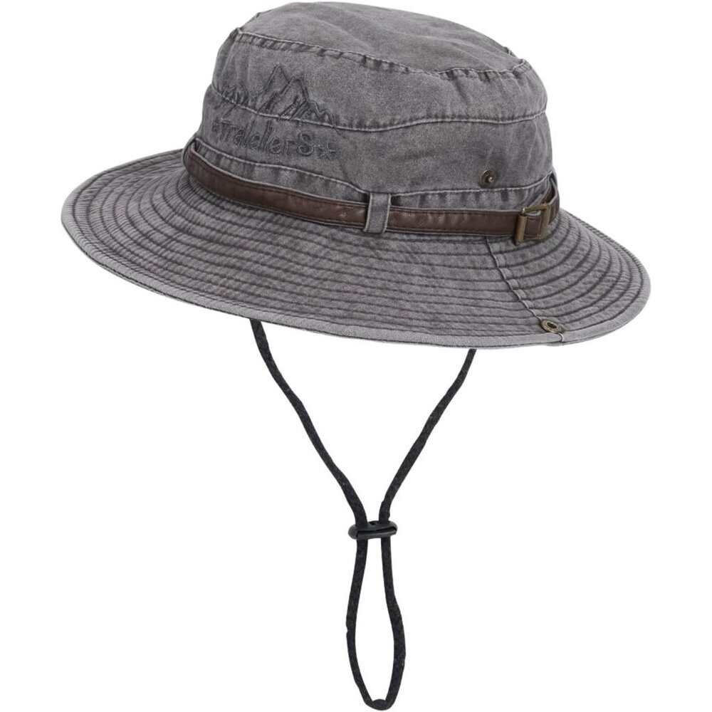 Unisex Grey 100% Cotton Wide Brim Boonie With Chin Strap Classic Bucket Sun Hat